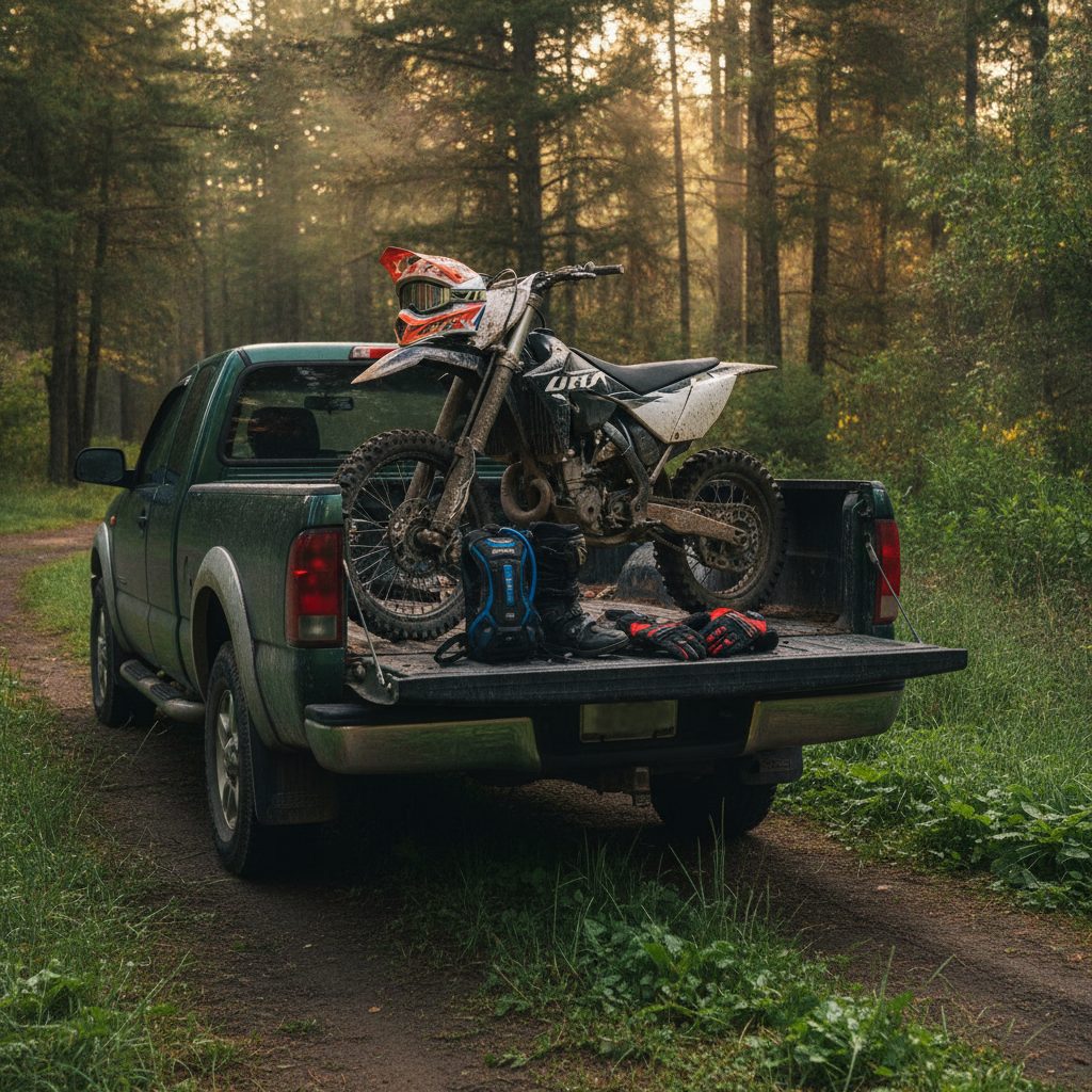 Dirt bike and riding gear laid out on a truck tailgate at a forest trailhead