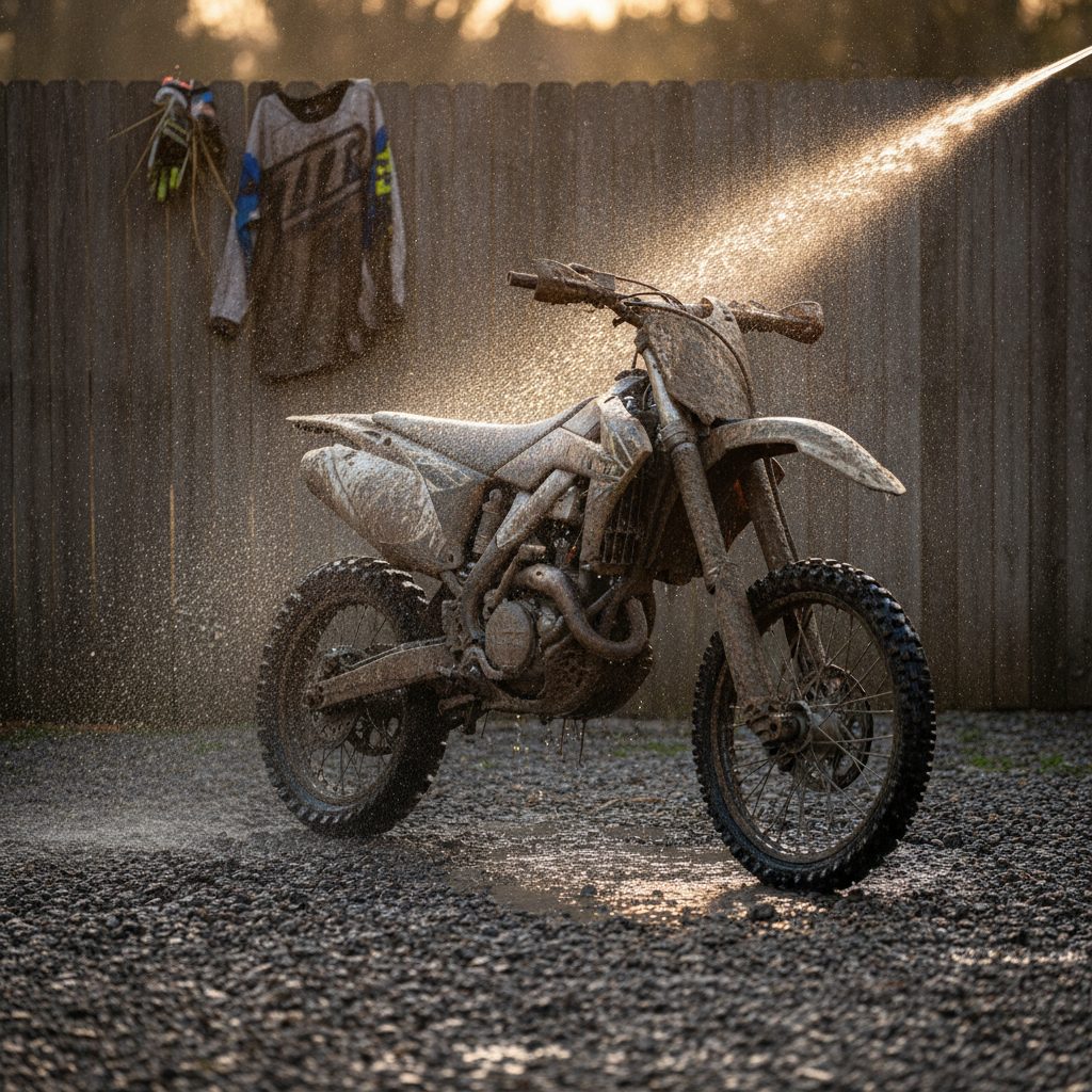 Muddy dirt bike being rinsed with a hose in golden light