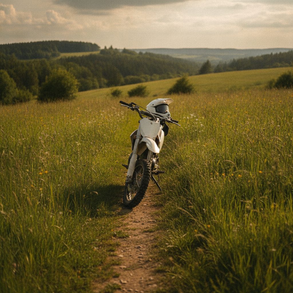 Beginner dirt bike parked on a grassy singletrack trail in a sunny meadow