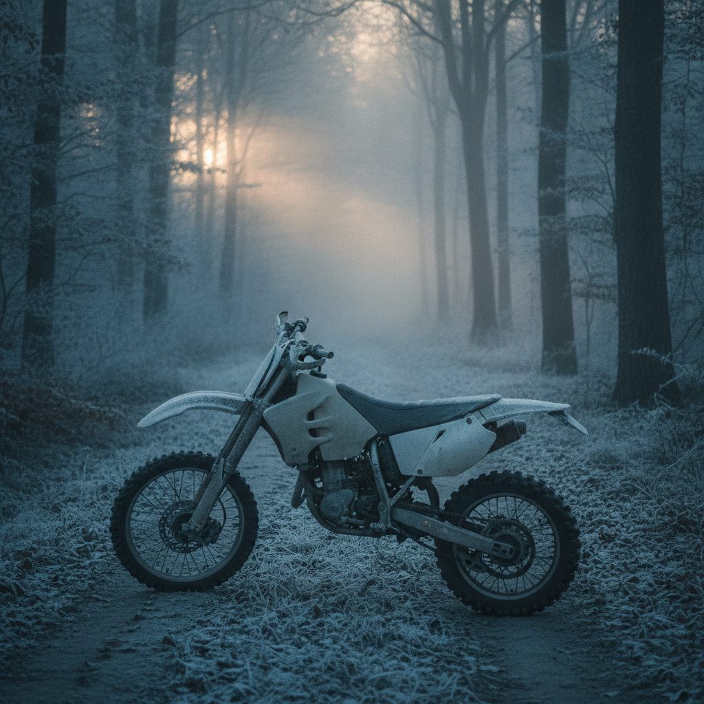 Dirt bike on a frosty forest trail at dawn with fog between the trees