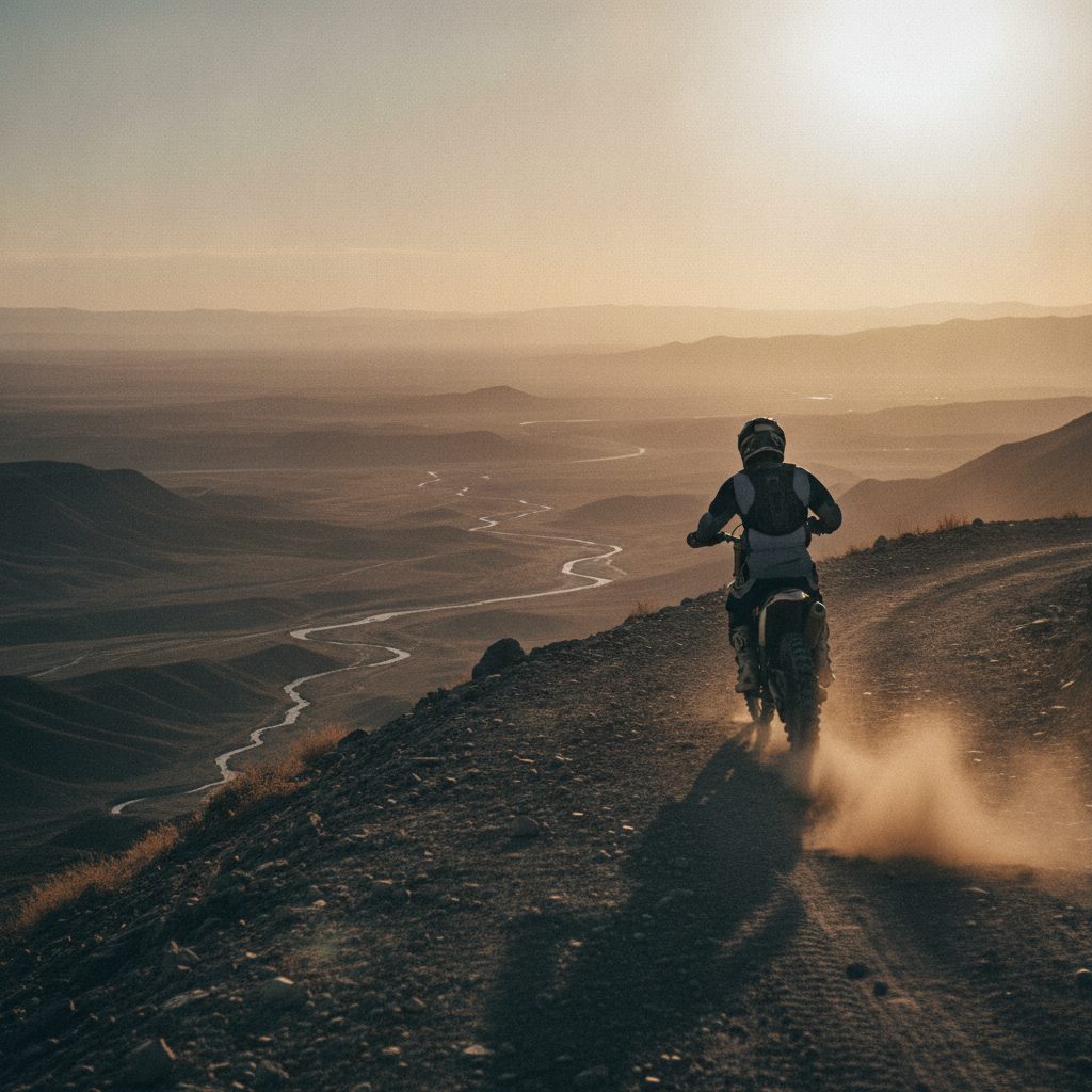 Lone dirt bike rider on a ridgeline trail at golden hour