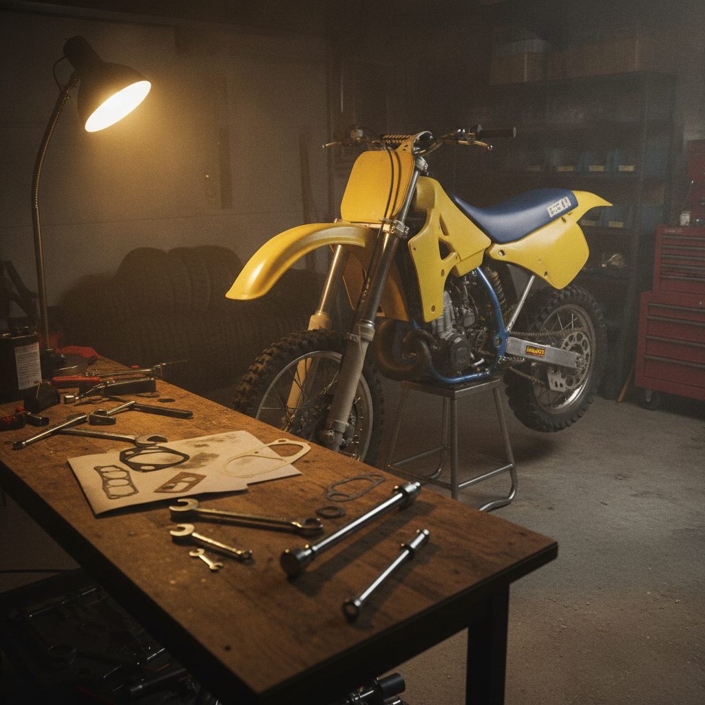 Vintage two-stroke dirt bike mid restoration in a garage under a work lamp