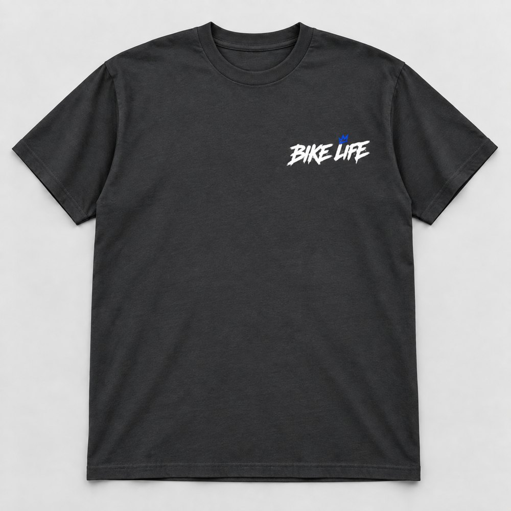 Bike Life Logo Tee, charcoal tee with the white Bike Life logo and blue crown on the chest