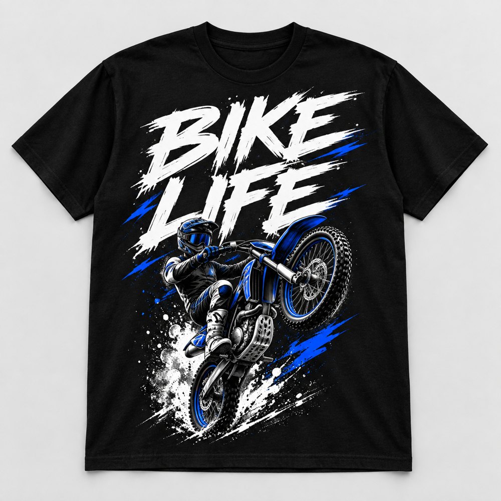Bike Life Stunt Tee, black tee with a white BIKE LIFE brush graphic and a blue dirt bike wheelie