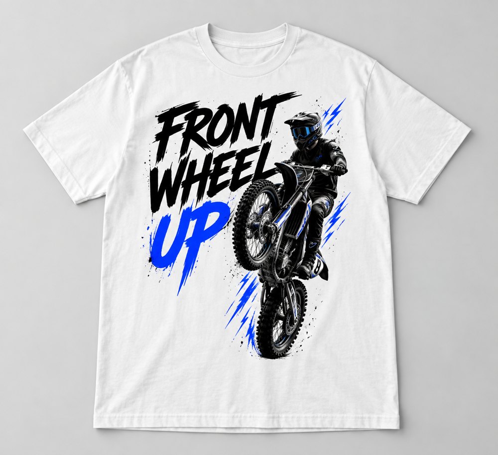 Front Wheel Up Tee, white tee with black FRONT WHEEL and blue UP lettering and a rider on a wheelie