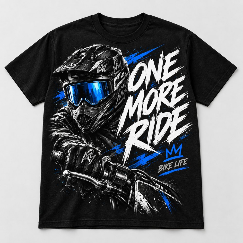 One More Ride Tee, black tee with a helmeted rider and ONE MORE RIDE brush lettering