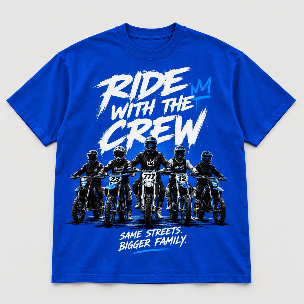 Ride With The Crew Tee, royal blue tee with a five-rider crew graphic and Same Streets Bigger Family