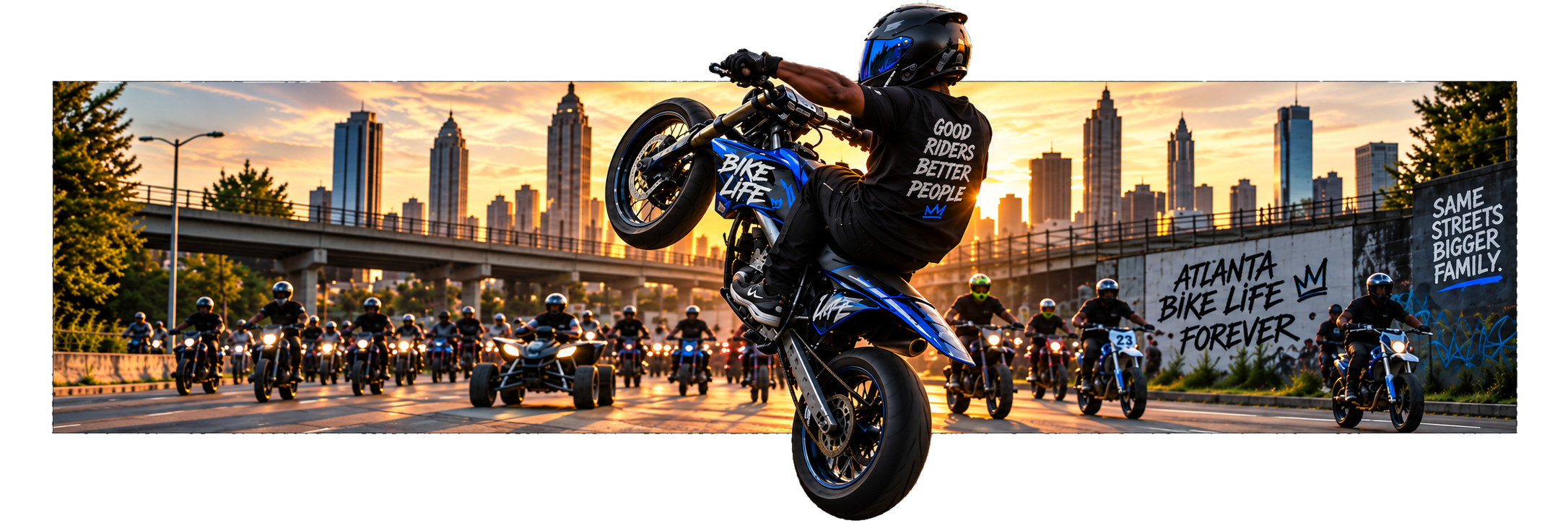 A Bike Life rider on a wheelie breaks out above and below a photo of the Atlanta skyline, riding ahead of a crew of street bikes and ATVs, beside a wall painted ATLANTA BIKE LIFE FOREVER